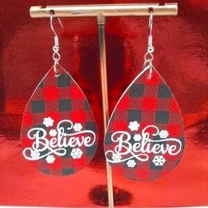 Believe Red & Black Buffalo Check Teardrop Earrings